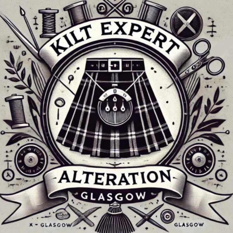 kilt expert alteration glasgow Logo featuring a kilt with sewing tools and "Kilt Expert Alteration Glasgow."