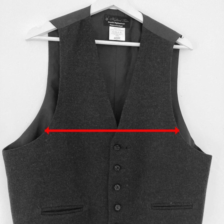 Waistcoat resizing and adjustments - Glasgow Grey waistcoat with width adjustment arrows - Glasgow waistcoat resizing service
